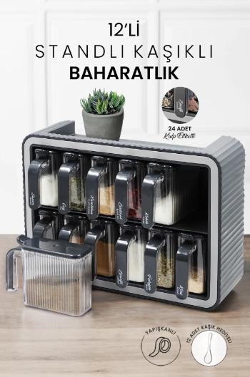 Ensemble de Pots à Épices – Design Pratique et Élégant, Fabriqué en Turquie avec 12 Pots et Fonctionnalités Astucieuses
