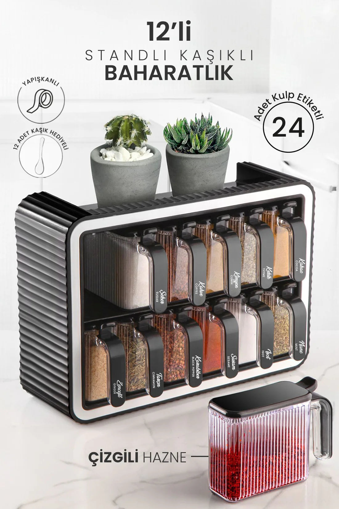 Ensemble de Pots à Épices – Design Pratique et Élégant, Fabriqué en Turquie avec 12 Pots et Fonctionnalités Astucieuses