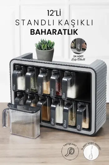 Ensemble de Pots à Épices – Design Pratique et Élégant, Fabriqué en Turquie avec 12 Pots et Fonctionnalités Astucieuses